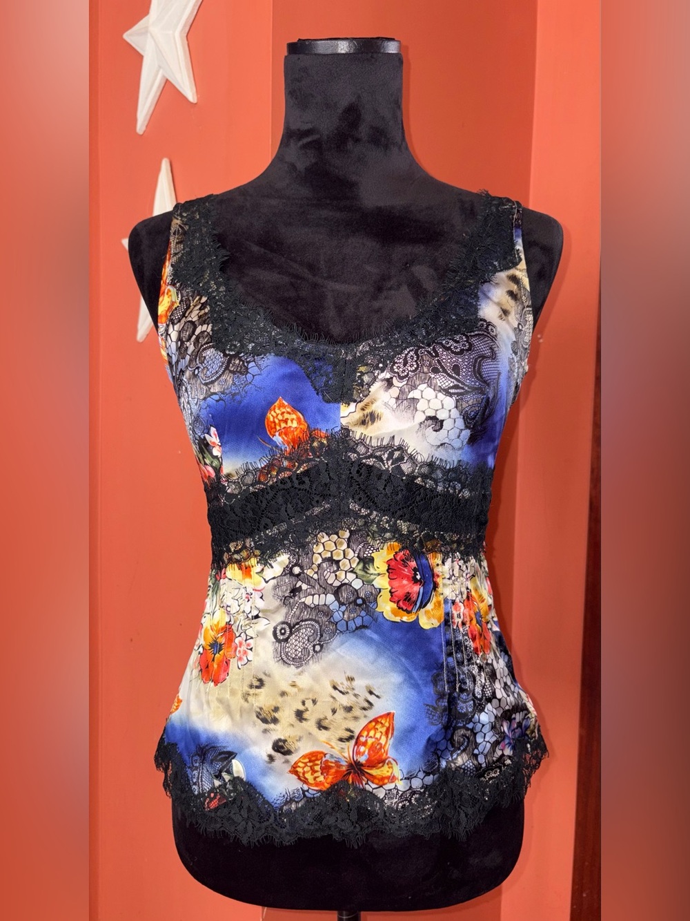 Alberto Makali %100 Silk Blue Multi Floral Lace-Trim Fitted Tank